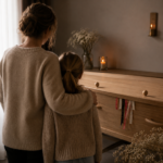 "Moeder en kind bij de kist tijdens het lintenritueel"